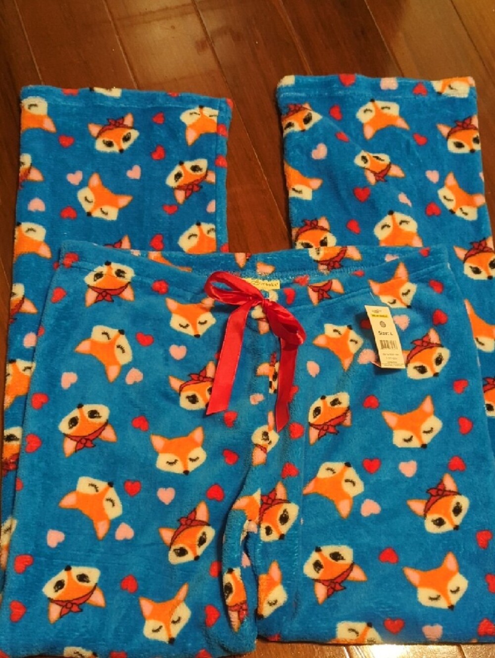 Bobbie Brooks Blue Fox Heart Fleece Pajama Bottoms with Red Bow - Picture 2 of 3